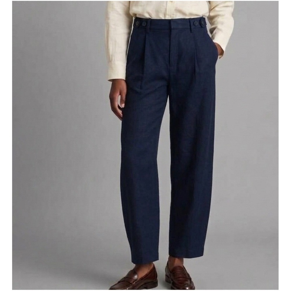 Madewell Pant Womens Size 4 Barrel Leg Trouser Linen Blend Navy Drapey Twill NWT